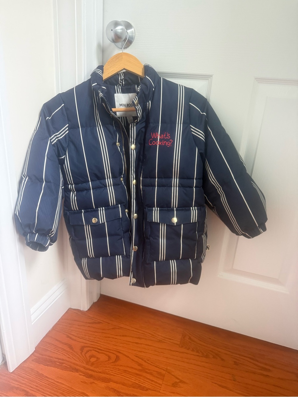 Mini Rodini Navy & White Striped Puffer Jacket with Red Embroidery